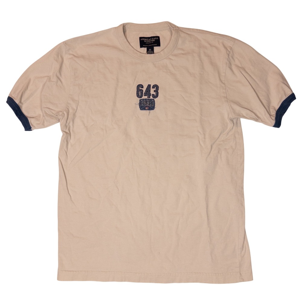 American Eagle Ringer T-Shirt Mens Small Tan Y2K Graphic Tee